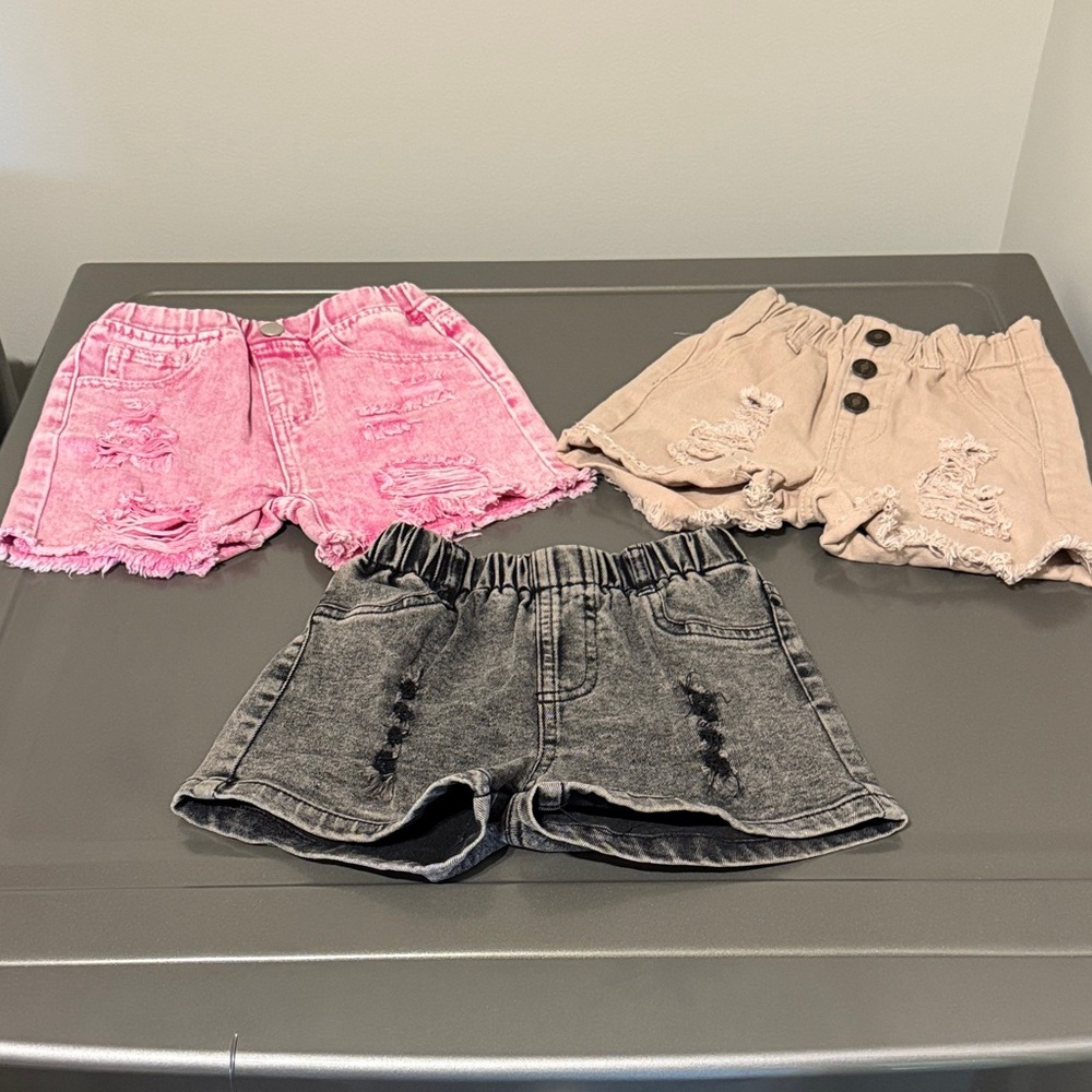 SHEIN Kids Distressed Shorts Trio - Pink, Tan, Black- Size 2/3 Years.